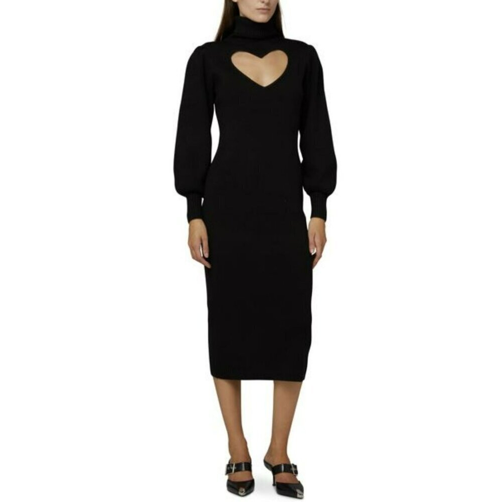 Farm Rio Black Ribbed Knit Heart Cutout Turtleneck Midi Dress Sz M NWT